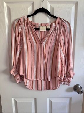 Anthropologie Maeve Petite Pink Striped V-Neck Peasant Blouse- worn once!